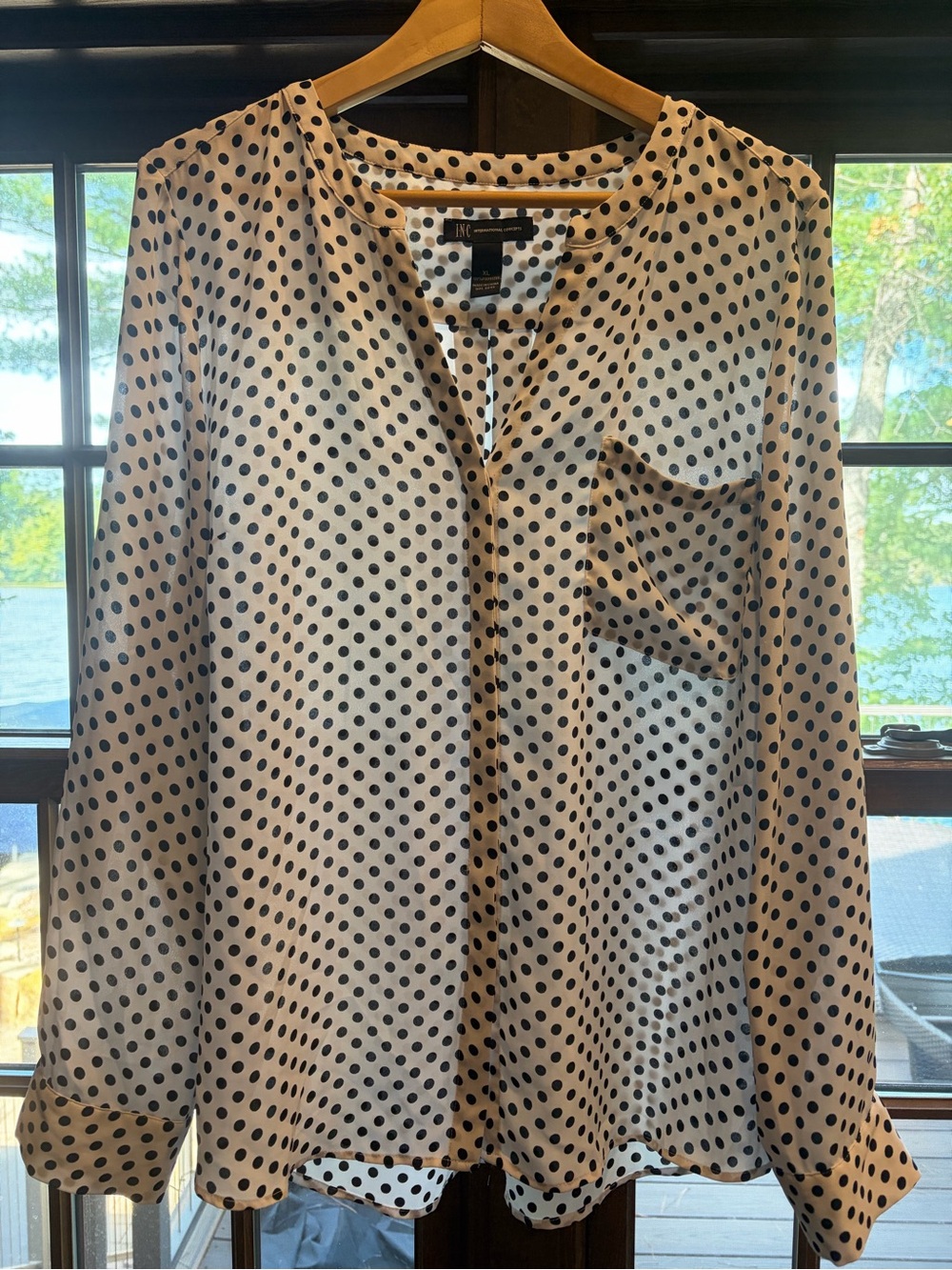 INC International Concepts Cream Blouse with Black Polka Dots
